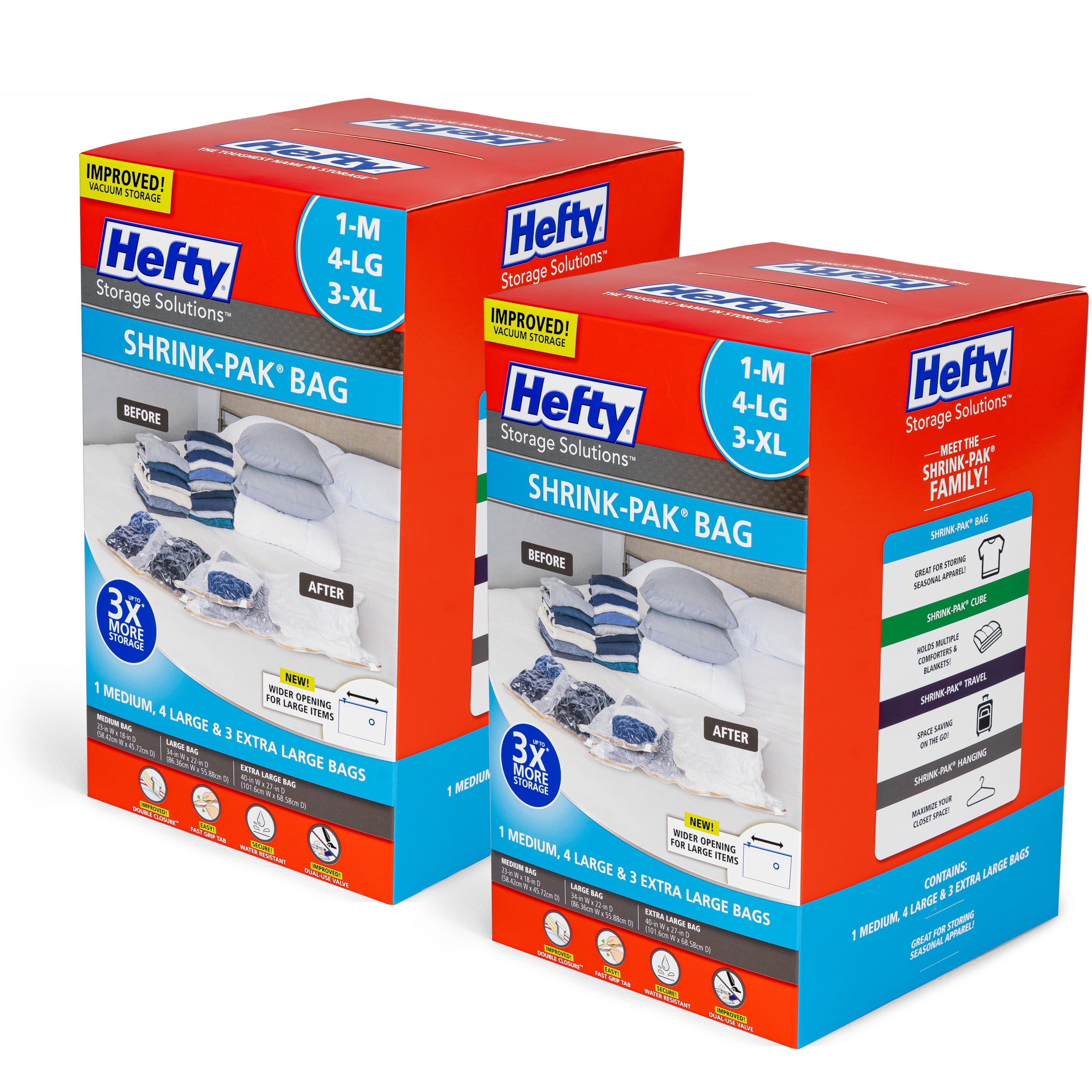 Hefty Shrink Pak 1 Med, 4 LRG, & 3XL Vacuum Compression Storage Bags, 2 Boxes, 16 Bags, Size: 11.25 inch H x 5.88 inch W x 6.5 inch D