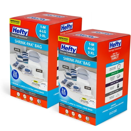 Hefty Shrink Pak 1 Med, 4 Lrg, & 3XL Vacuum Compression Storage Bags, 2 Boxes, 16 Bags