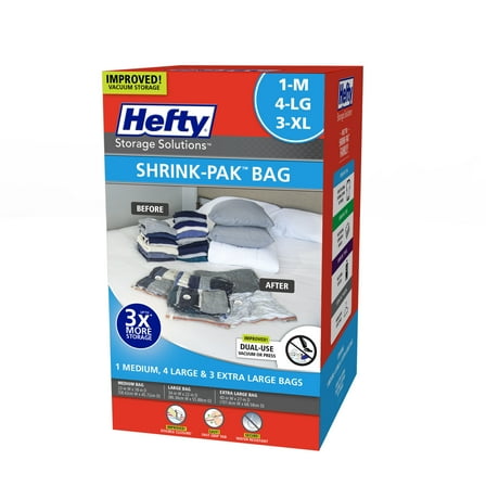 Hefty Shrink-Pak 1 Medium, 4 Large, 3 Extra-Large Vacuum Compression Storage Bags, Closet Organizer, Adults and Tweens