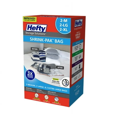 Hefty Shrink-Pak 2 Medium Bags, 2 Large Bags, 2 Extra-Large Vacuum Compression Storage Bags, Closet Organizer, Adults and Tweens