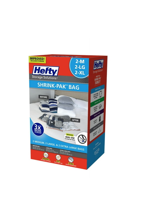 Shrink-Pak 2 Medium Bags, 2 Large Bags, 2 Extra-Large Vacuum Compression Storage Bags, Closet Organizer, Adults and Tweens