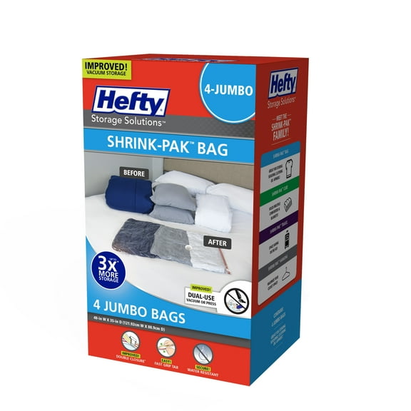 Hefty Shrink-Pak 4 Jumbo Vacuum Compression Storage Bags, Closet Organizer, Adult and Tweens