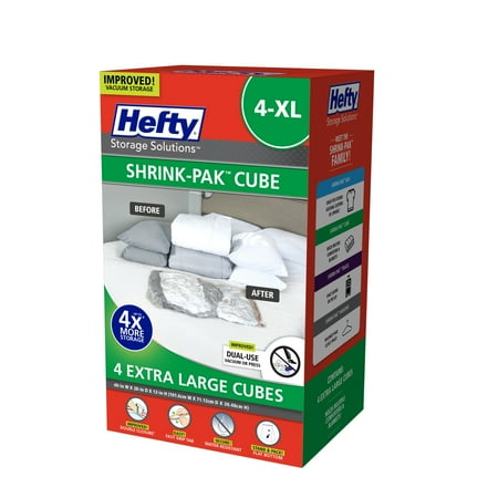 Hefty Shrink-Pak 4 Extra-Large Vacuum Compression Storage Cubes, Closet Organizer, Adults and Tweens