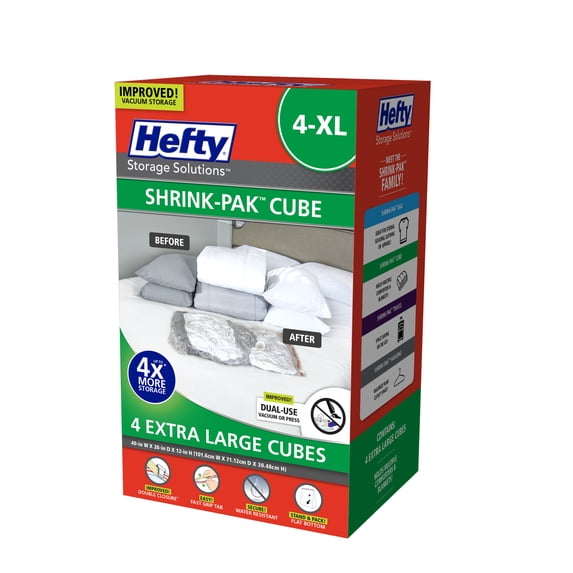 Hefty Shrink-Pak 4 Extra-Large Vacuum Compression Storage Cubes, Closet Organizer, Adults and Tweens