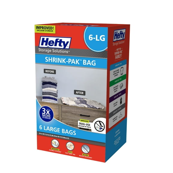 Hefty Shrink-Pak 6 Large Vacuum Compression Storage Bags, Closet Organizer, Adults and Tweens