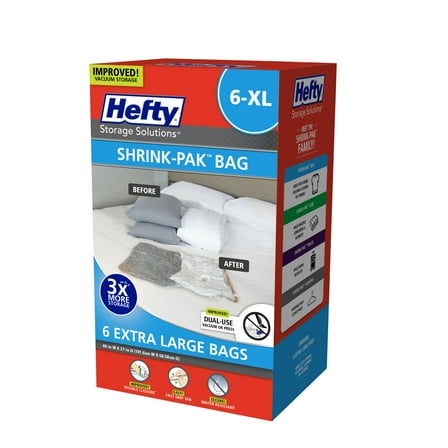 Hefty Shrink-Pak 6 Extra Large Vacuum Compression Storage Bags, Closet Organizers, Adults and Tweens
