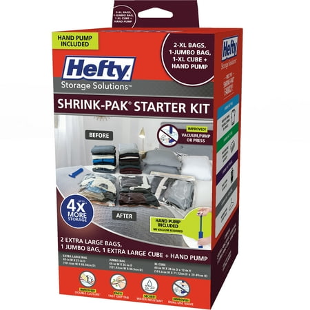Hefty Shrink-Pak Starter Kit Multi-Sized Vacuum Compression Bags with Hand Pump, Closet Organizer, Adults and Tweens