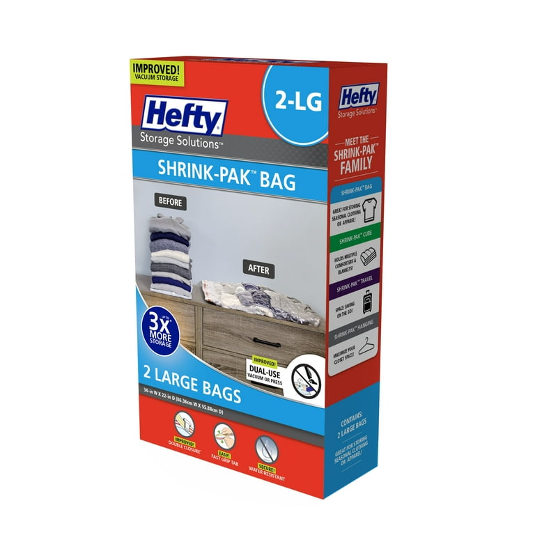 Hefty Shrink-Pak – 3 Large and 3 XL Vacuum Seal Storage Bags – Space Saver  Bags for Clothing, Pillows, Towels, or Blankets, 3 x Large and 3 x XL Bags  in 2023