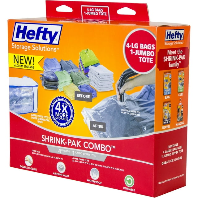 Hefty ShrinkPak Vacuum Seal Bags, 4 Large Bags and 1 Jumbo Zipper Tote