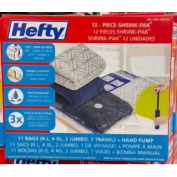 Hefty Shrink-Pak Vacuum Storage Bags, 12-Piece Set, Assorted Sizes with Hand Pump