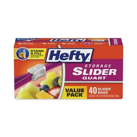 Hefty Slider Bags, 1 qt, 1.5 mil, 8" x 7", Clear, 40/Box