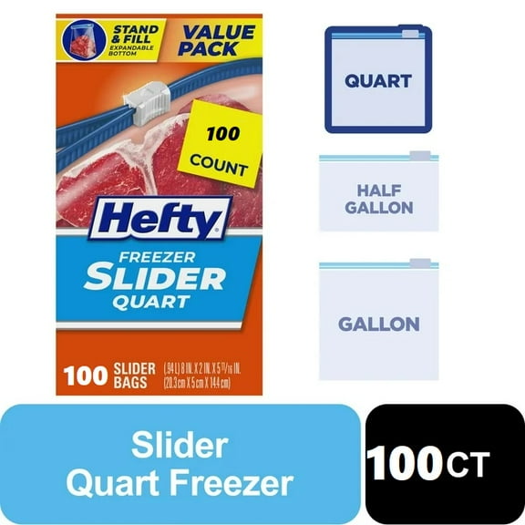 Hefty Slider Freezer Kitchen Storage Bags, Quart Size, 100 Count