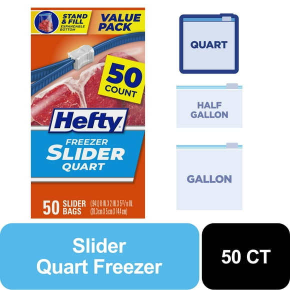 Hefty Slider Freezer Kitchen Storage Bags, Quart Size, 50 Count