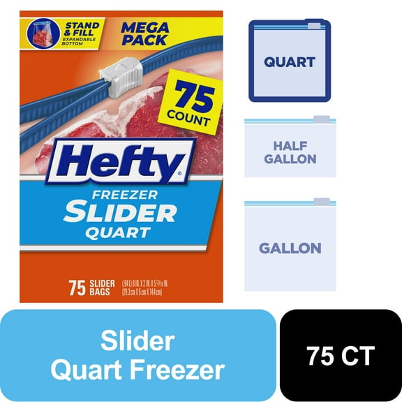 Hefty Slider Freezer Kitchen Storage Bags, Quart Size, 75 Count