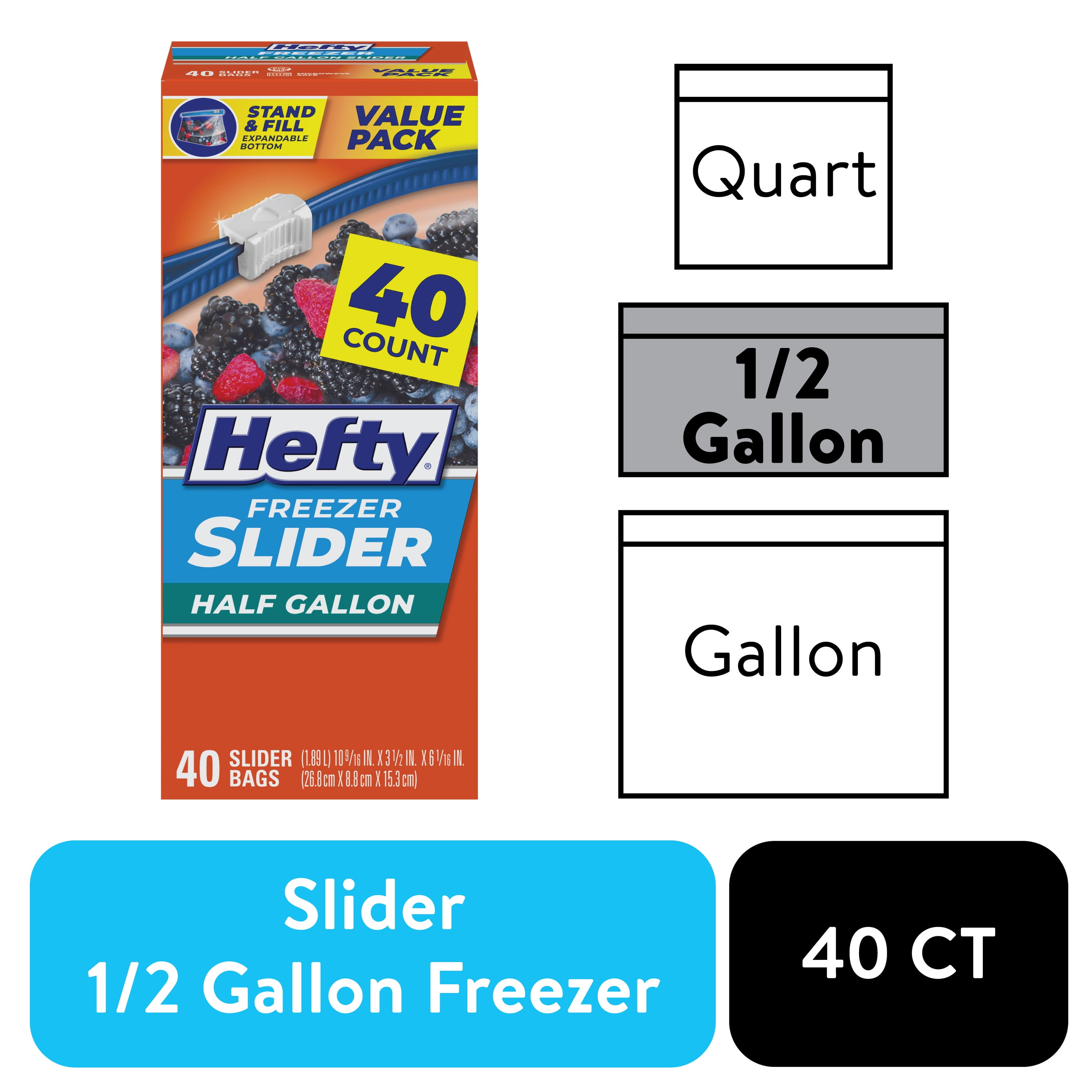 Hefty Slider Freezer Kitchen Storage Bags, Half gallon Size, 40 Count
