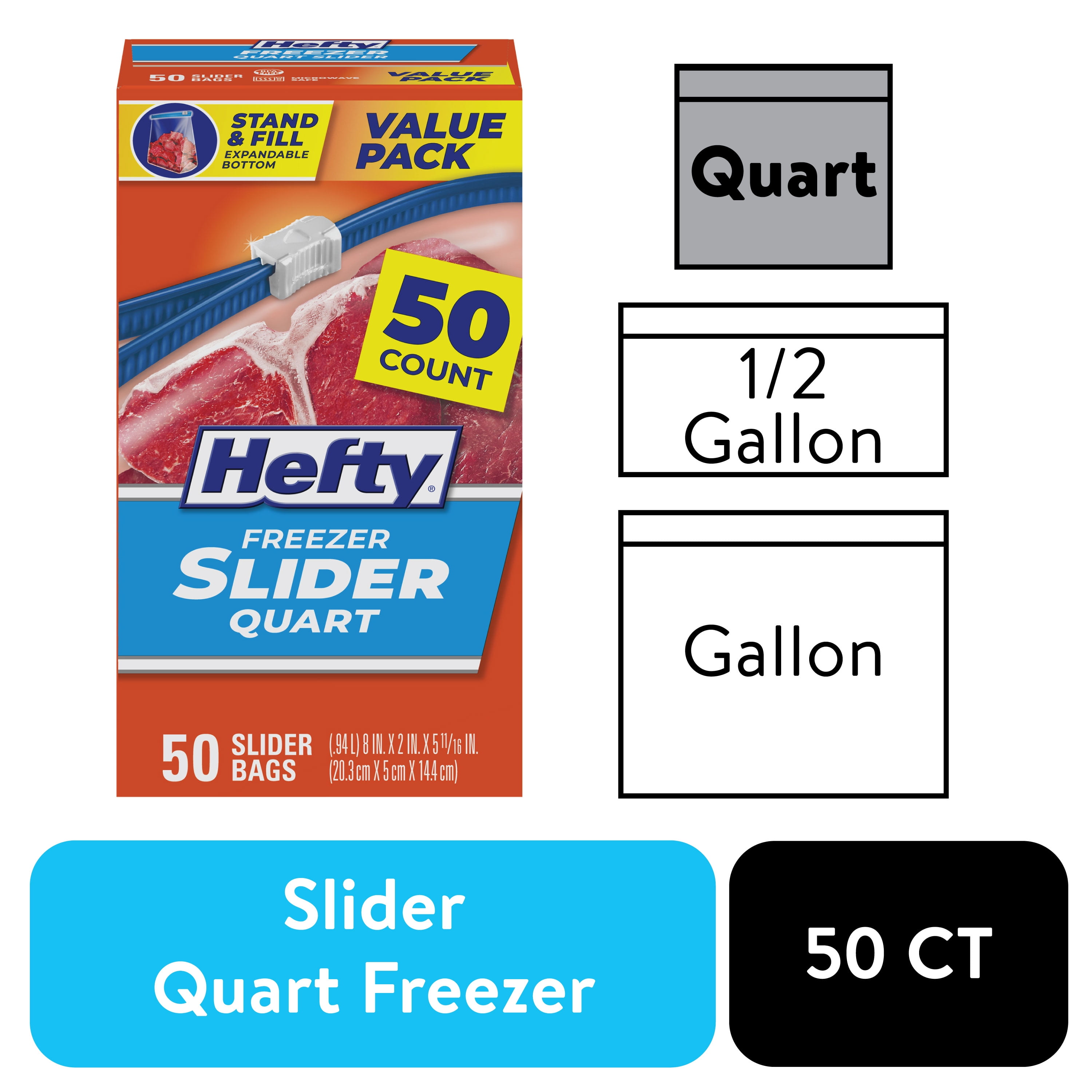 Hefty Slider Freezer Kitchen Storage Bags, Quart Size, 50 Count