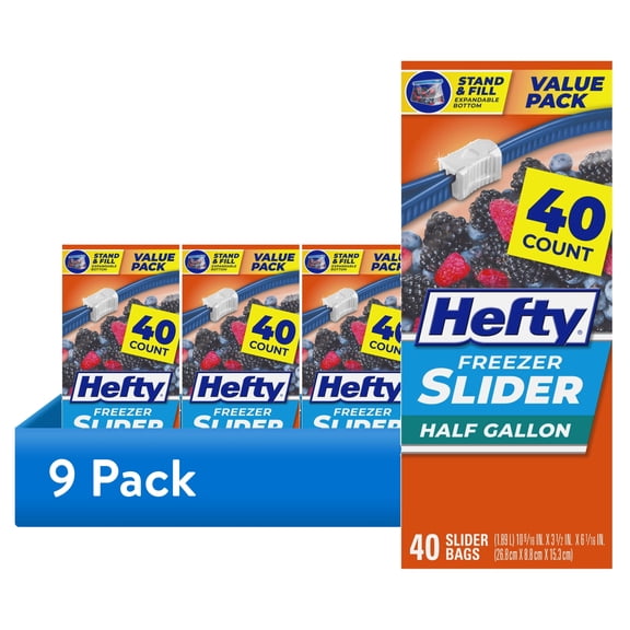 (9 pack) Hefty Slider Half Gallon Freezer Bags, 40 Count