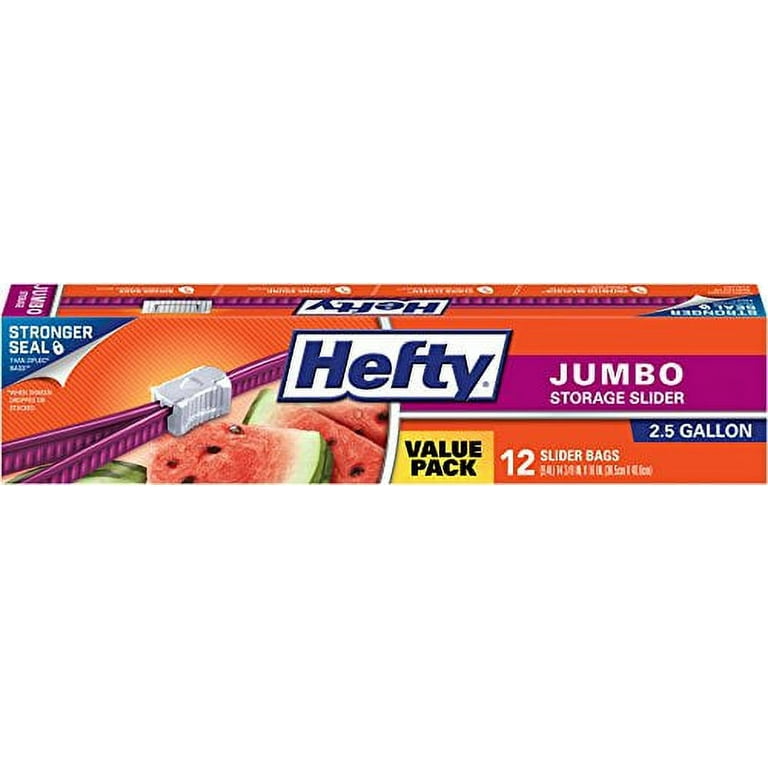 Box of 12 HEFTY JUMBO SLIDER BAGS - 2.5 GALLONS Many Uses! Made in