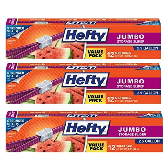 Hefty Slider Jumbo Food Storage Bags - 2.5 Gallon Size, 12 Count Pack of 3 Boxes (36 total bags)