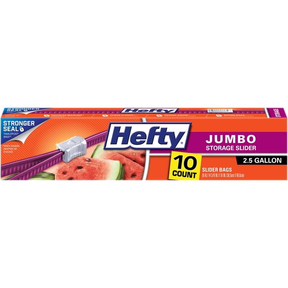 Hefty Slider Jumbo Storage Bags, 2.5 Gallon Size, 10 Count - 2 Pack