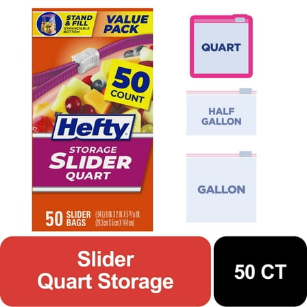 Hefty Slider Kitchen Storage Bags, Quart Size, 50 Count