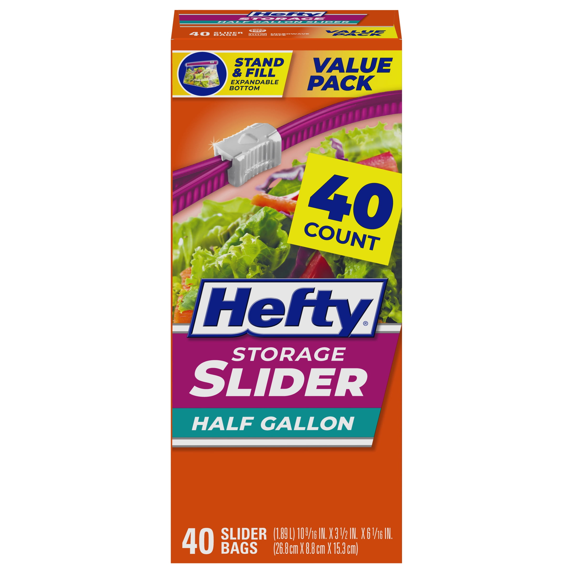 Hefty Slider Bags, 2.5 gal, 0.9 mil, 14.38 x 9, Clear, 108/Carton