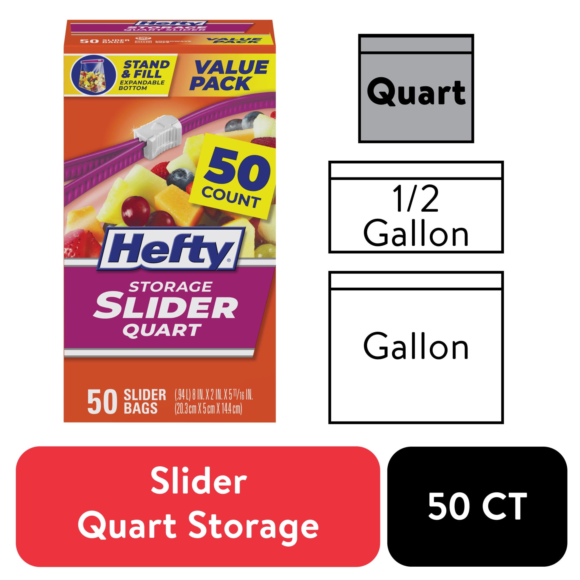 Hefty Slider Kitchen Storage Bags, Quart Size, 50 Count