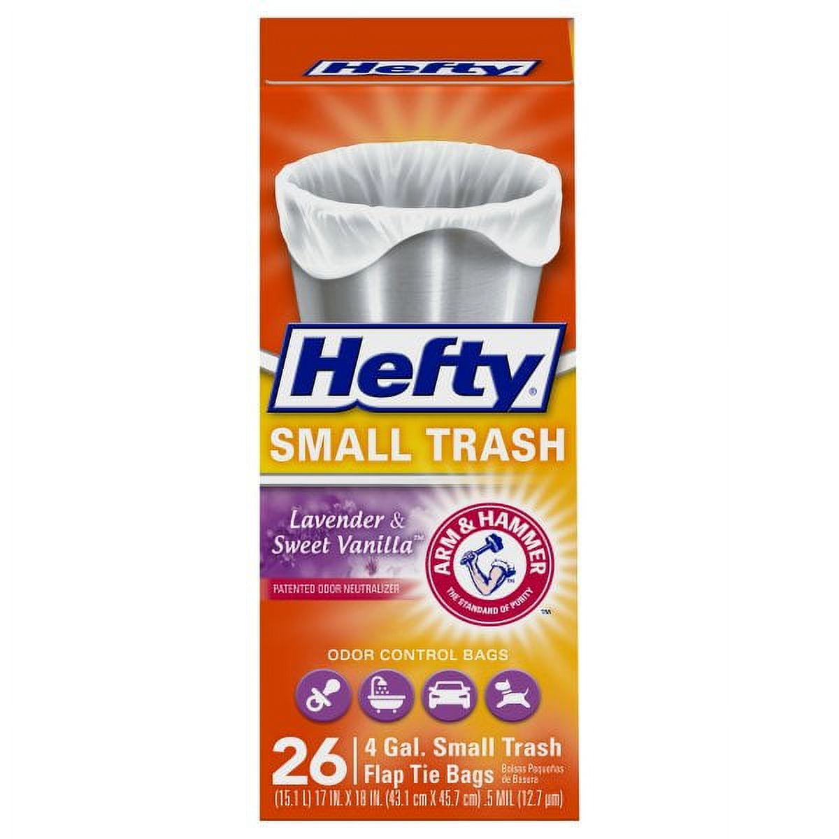 Hefty Small Garbage Bags, Flap Tie, Lavender & Sweet Vanilla Scent, 4  Gallon, 26 Count