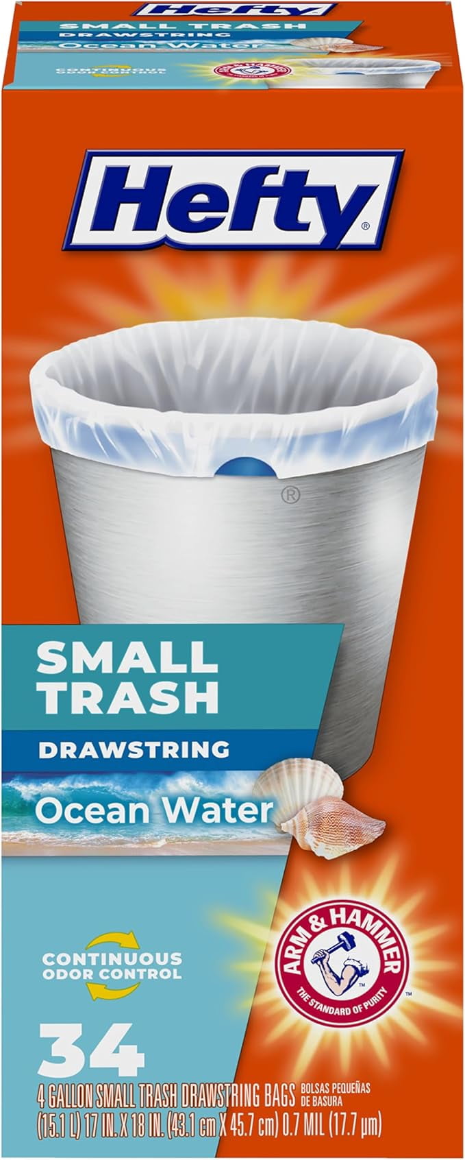 Hefty Small Trash Bags, Ocean Water Scent, 4 Gallon, 34 Count ( Pack of 3 )