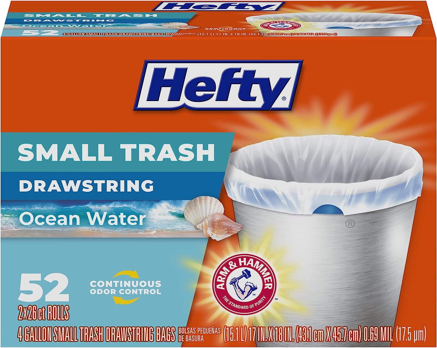 Hefty Small Trash Bags, Ocean Water Scent, 4 Gallon, 52 Count 
