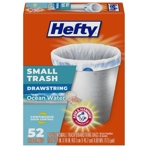 Hefty Small Trash Bags, white, Ocean Water scent, 4 gallon, 52 count with drawstring closure
