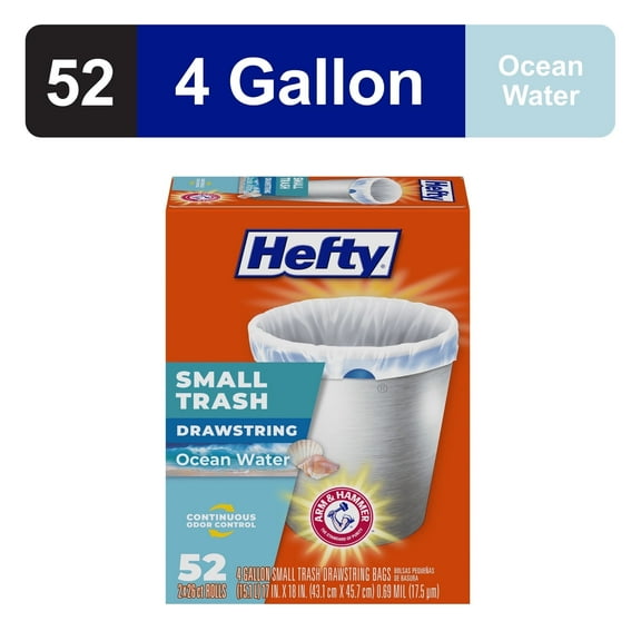 Hefty Small Trash Bags, Ocean Water Scent, 4 gallon, (2 pack of 52 Count)