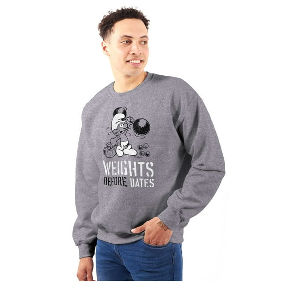 Hefty Smurf Weights Before Dates Gym Men's Crewneck Sweatshirt Brisco Brands S