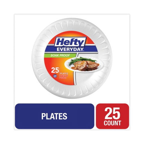 Hefty Soak Proof Tableware, Foam Plates, 10.25" dia, White, 25/Pack, Each