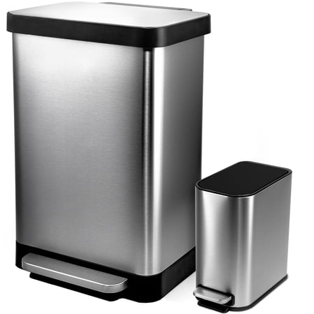 Hefty Stainless Steel Step Trash Cans with Lids, 12.7 Gallon & 1.3 Gallon