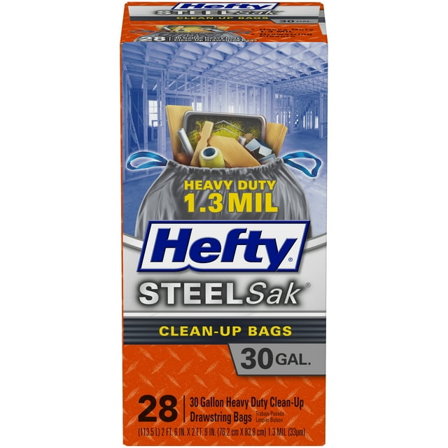 Hefty Steelsak Heavy Duty Large Trash Bags, Black, Unscented, 30 Gallon