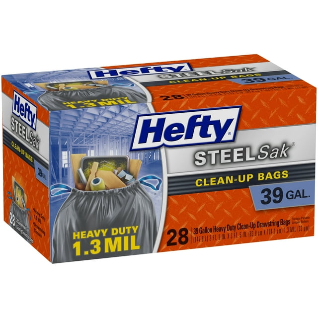 Hefty Steelsak Extra Strong Heavy Duty Large Garbage Bags, 39 Gallon