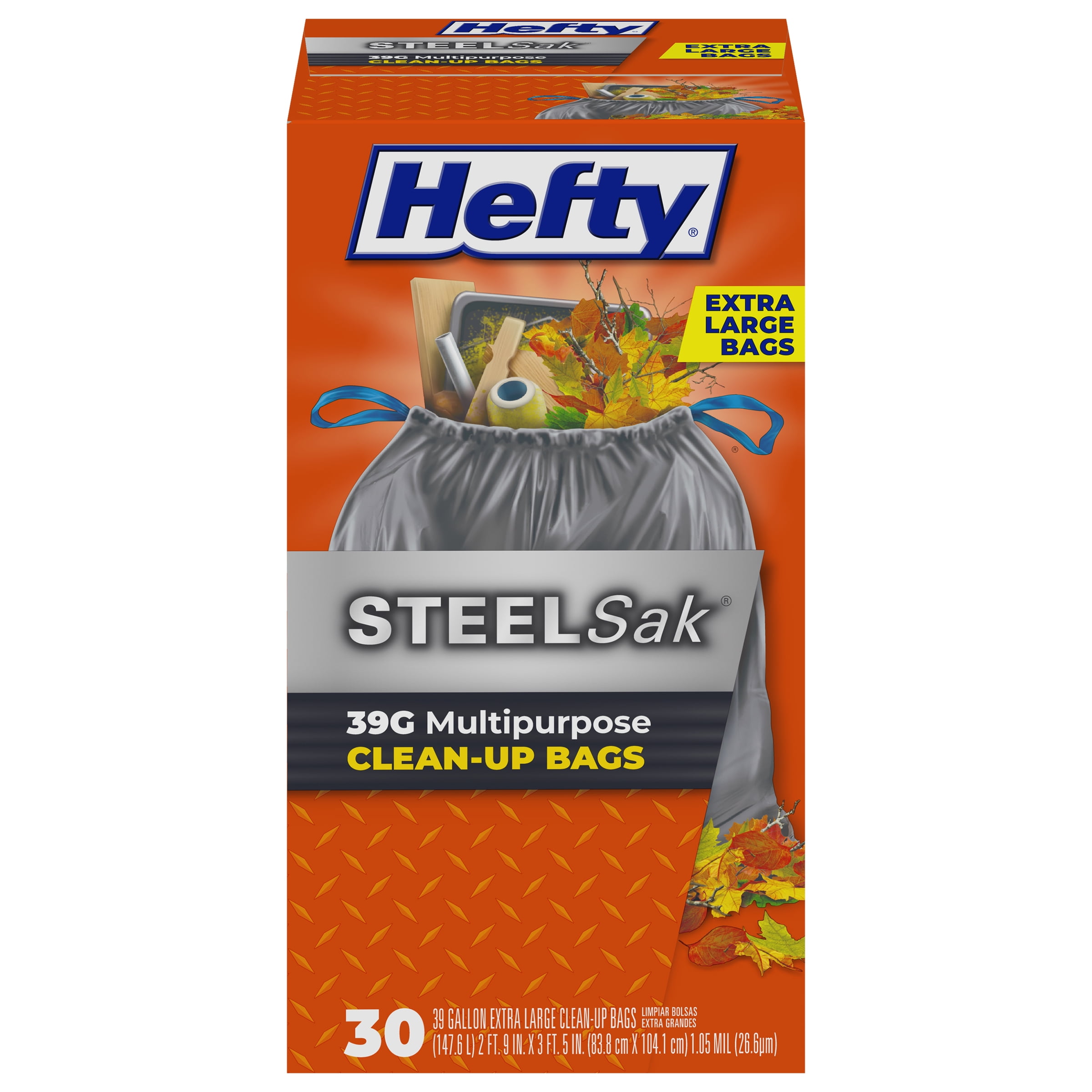 Hefty Steelsak Heavy Duty Large Trash Bags, Gray, Unscented, 39 Gallon, 30 Count
