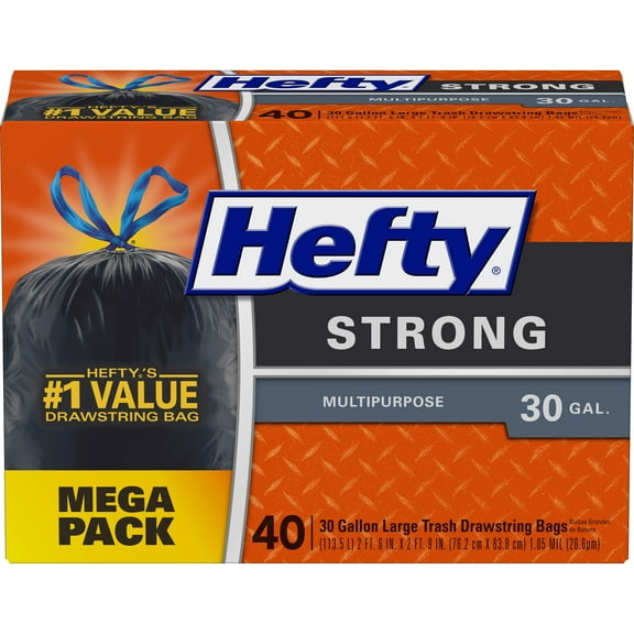 Hefty Strong Large Multi-Purpose Trash Bags, 30 Gallon, 40 Bags (Drawstring)