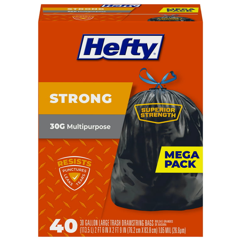 Hefty Strong Trash Bags, Drawstring, Multipurpose, Large, 30 Gallon, Mega Pack - 40 count