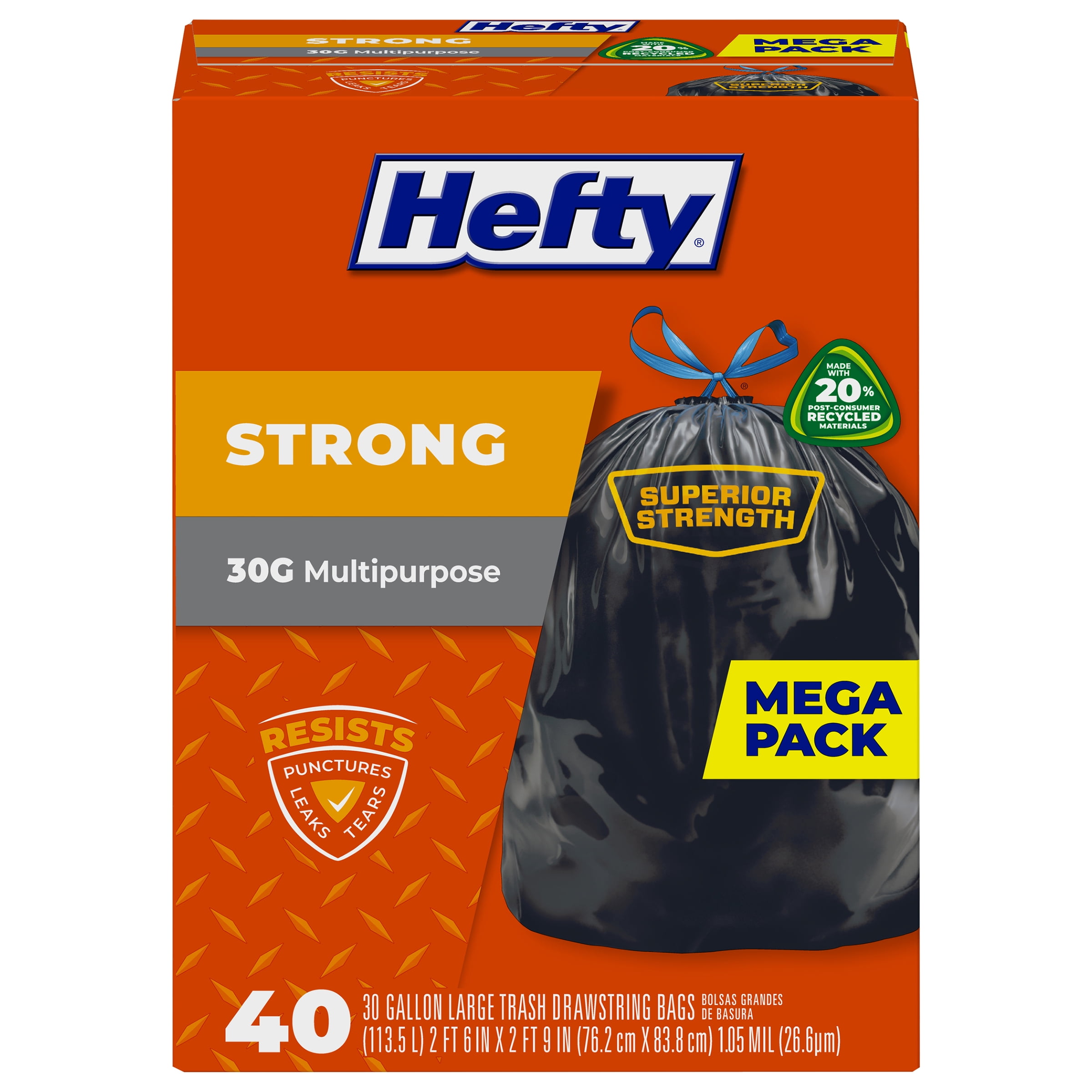 Hefty Trash Drawstring Bags, Extra Large, 39 Gallon, Mega Pack - 40 bags