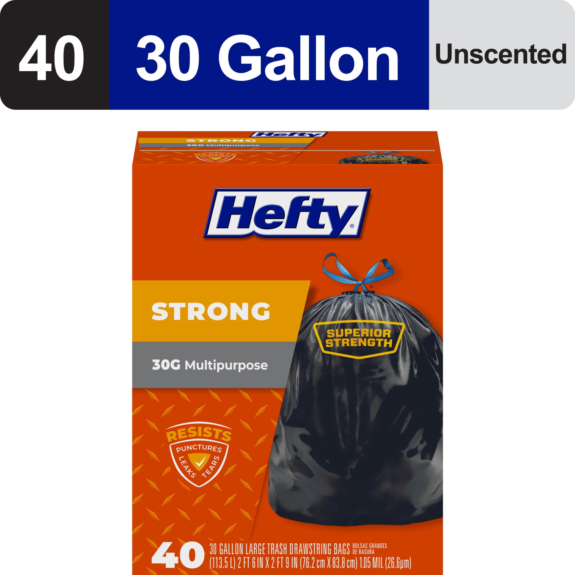 Hefty Strong Large Trash Bags, Black, Made with 20% Post-Consumer Recycled Materials, 30 gallon, 40 Count