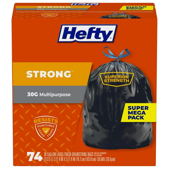 Hefty Strong Large Trash DEF29 Bags, Black, 30 Gallon, 74 Count