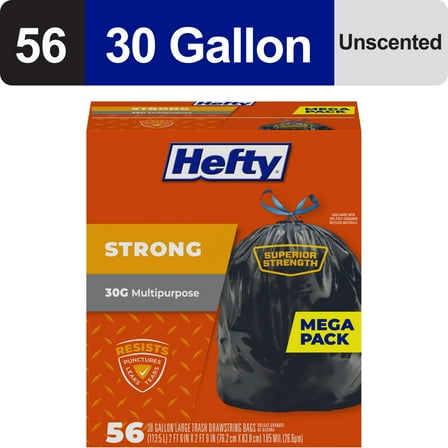 Hefty Strong 30 gallon Trash Bags, Large Trash Bags, Black, Unscented, 56 Bags