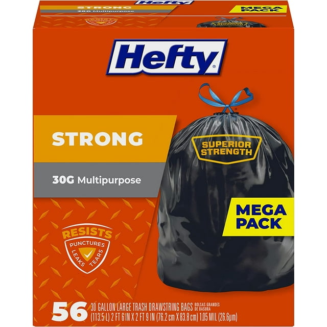 Hefty Cinch Sak Tall Kitchen & Trash Bags, 30 Gal, 1.1m, 30x33, Black