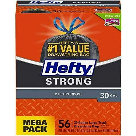 Hefty Strong Multipurpose Large Black Trash Bags, 30 Gallon, 56 Count