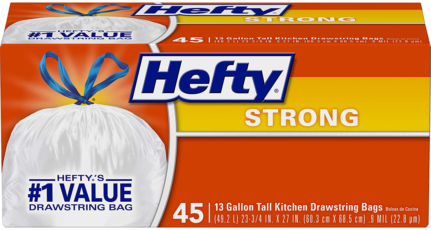 Hefty Strong Tall Kitchen Trash Bags, Unscented, 13 Gallon, 45 Count