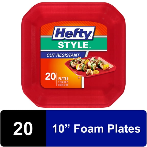 Hefty Style Foam Plates, Square, Red, 10 Inch, 20 Count
