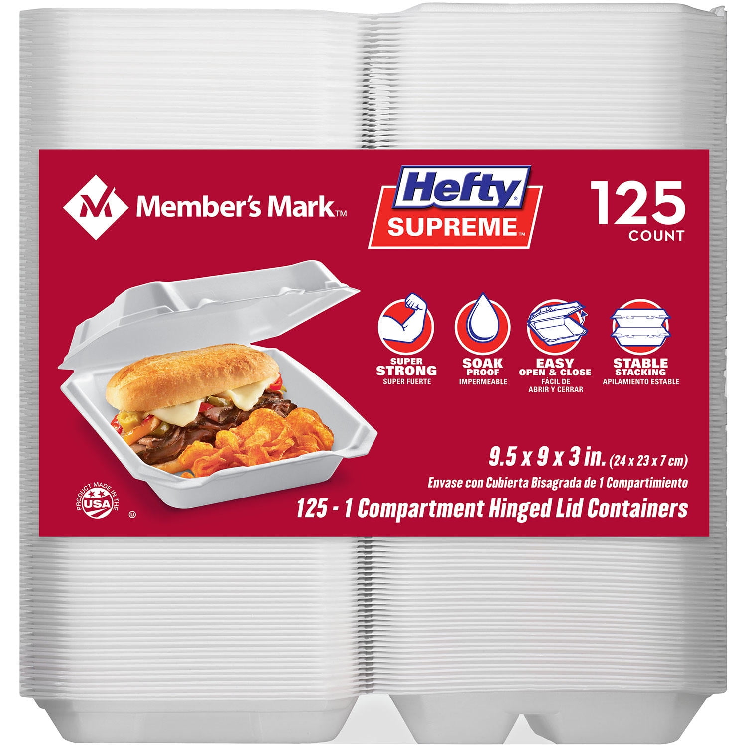Hefty Ecosave 1 Compartment Hinged Lid Containers, 9 x 9 inch, 50 Count (Pack of 2), 100 Total