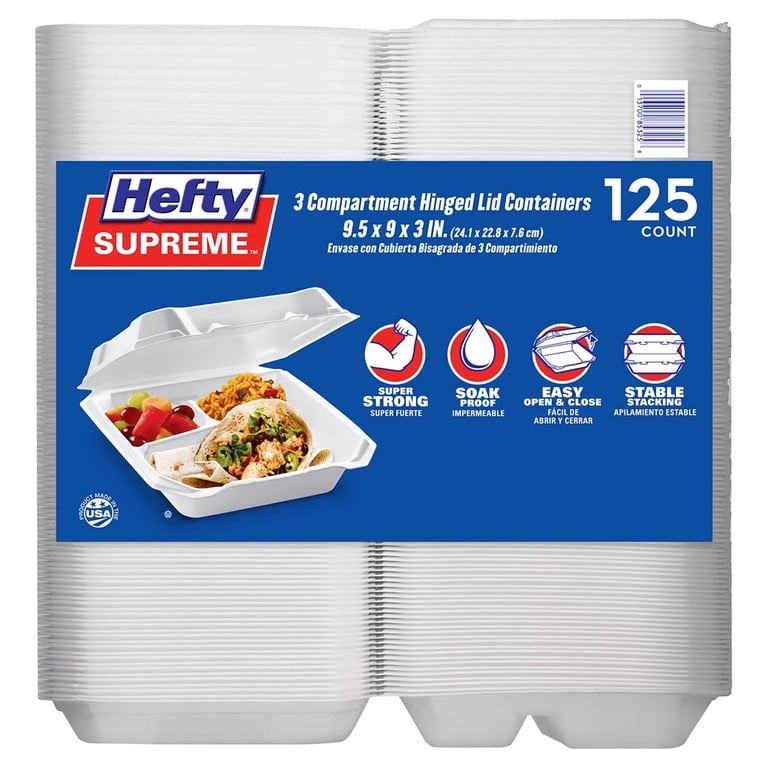 Supreme 3/4 Hefty Supreme Foam 3-Compartment Hinged Lid Containers, Soak-Proof